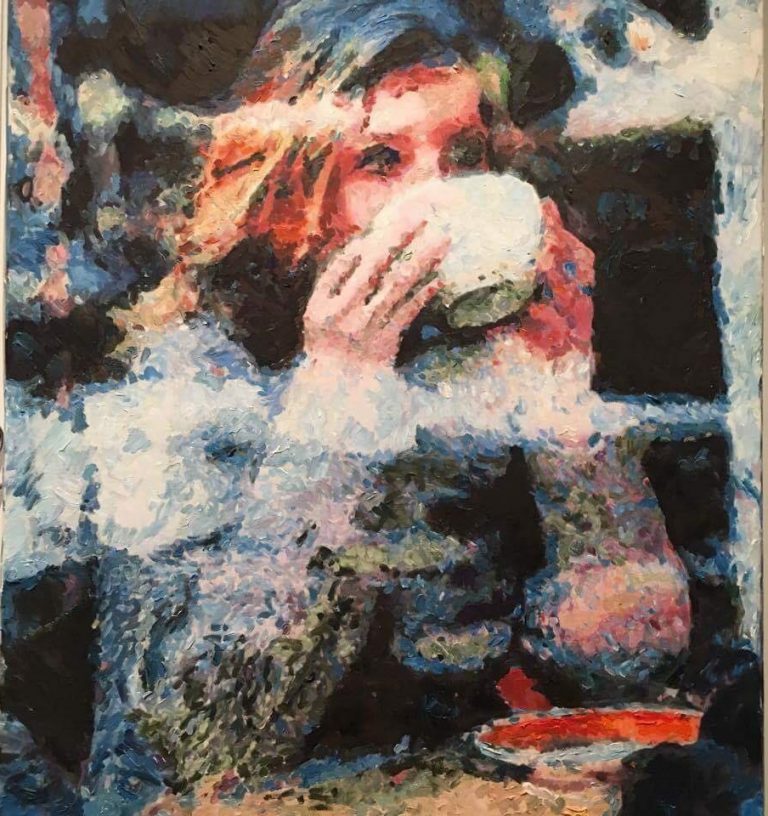 Girl with a cup of latte. Aleksander Lefbard. Modern artist